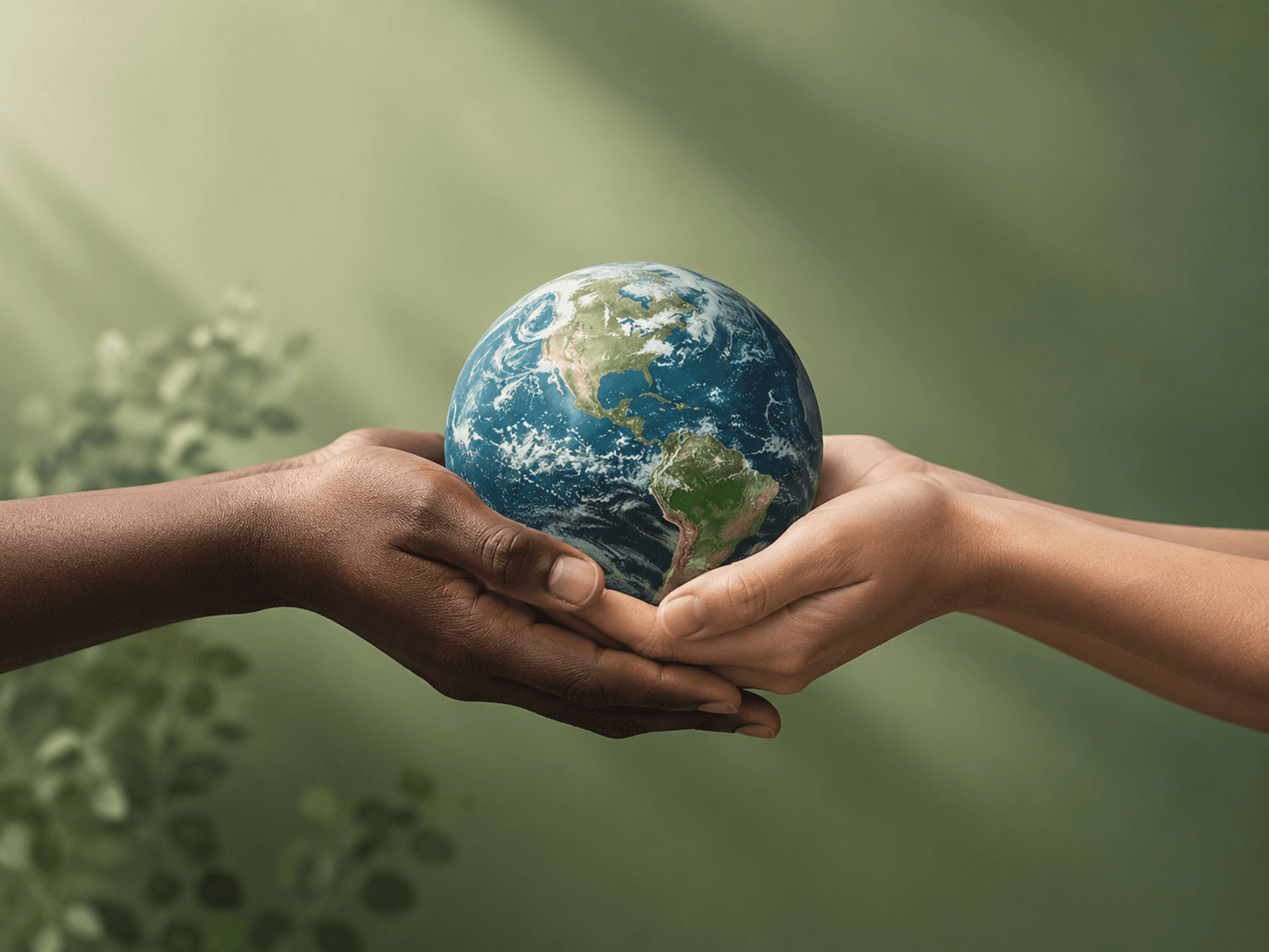 Two hands holding the earth, representing partnership, stewardship and local impact.